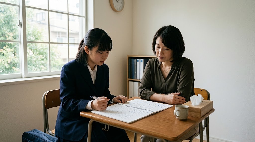 明るい相談室で、女子生徒と相談員が手書きの表を見ながら話している様子