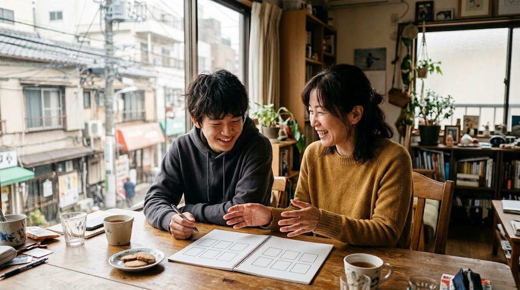 下町の街並みが見える部屋で、母親と子どもがノートを見ながら話している様子