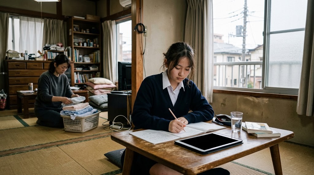 低いテーブルで勉強する高校生と、後ろで洗濯物をたたむ保護者