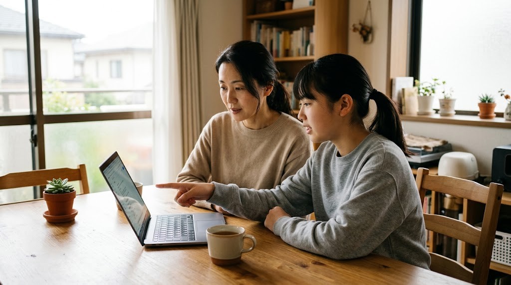 明るいダイニングテーブルで、母親と中学生の娘が並んでノートパソコンを見ながら、娘が画面を指さして学校の情報を説明している様子