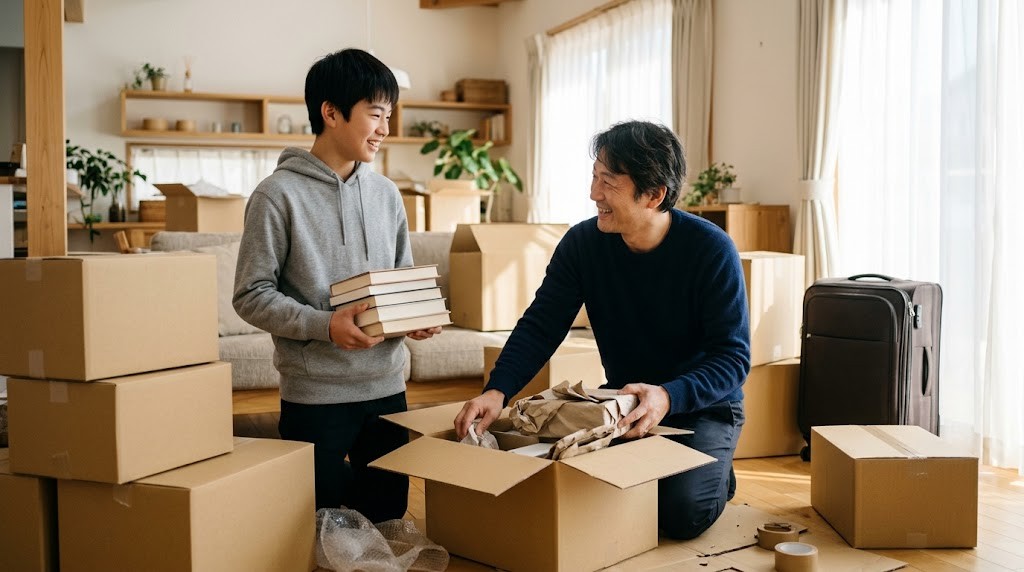海外から日本に帰ってきた家族。明るいリビングで、父親と高校生の息子が段ボール箱を開けて荷ほどきをしている。そばにスーツケースがある