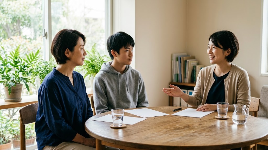 明るい相談室の丸いテーブルで、母親と高校生の息子が並んで座り、向かいのスタッフの説明を聞いている