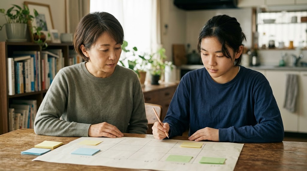 自宅のテーブルで、保護者と高校生くらいの子どもが並んで座り、手描きの枠だけの紙と付箋を使って計画を立てている様子