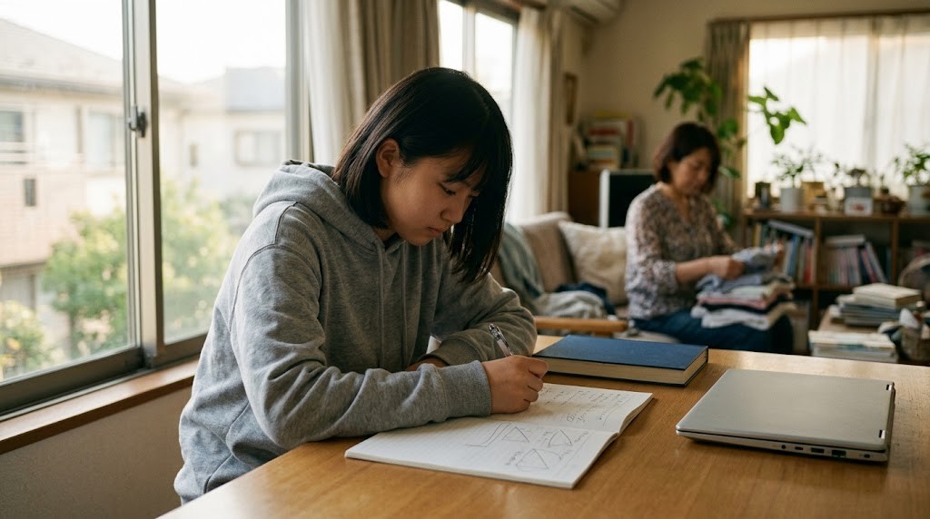明るいリビングの窓辺の机で、高校生くらいの子どもがノートに書き込みながら学習し、奥で保護者が洗濯物をたたんでいる様子