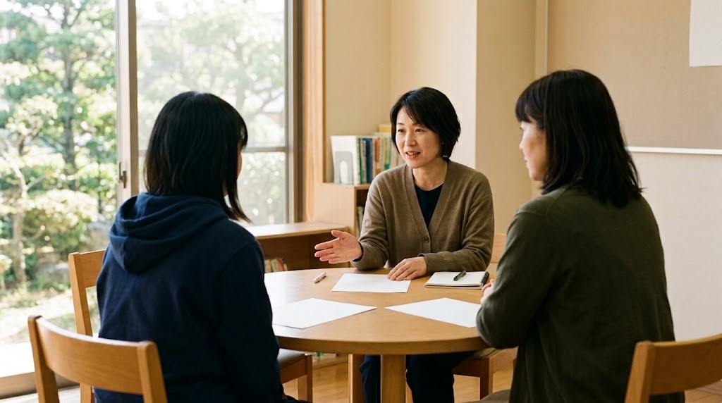 相談室の丸テーブルで、高校生くらいの子どもと保護者が並んで座り、向かいのスタッフから説明を聞いている様子を後ろから写した写真
