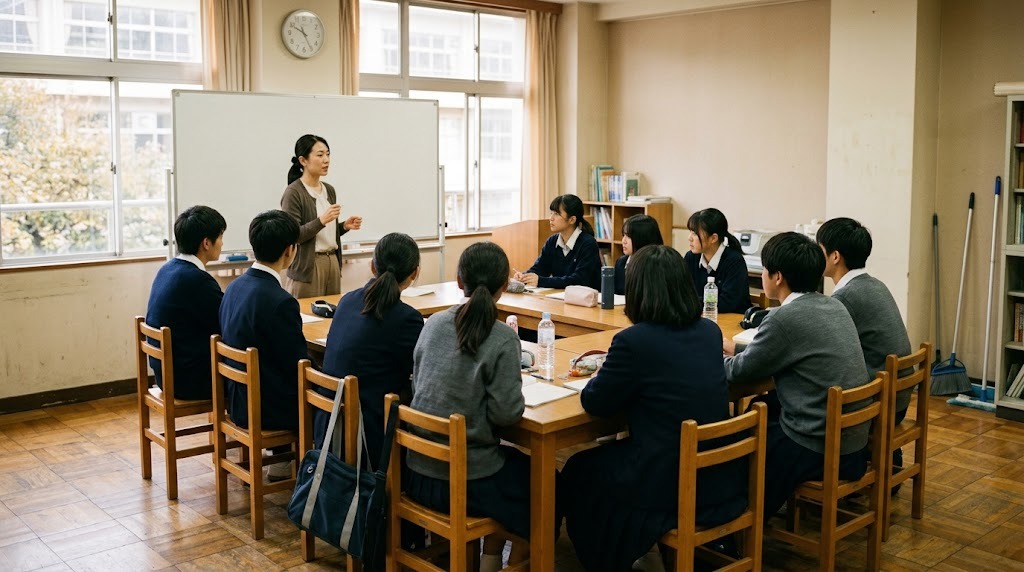 8人ほどの高校生が2つの机を囲んで座り、講師が横に立って話している少人数の教室の様子