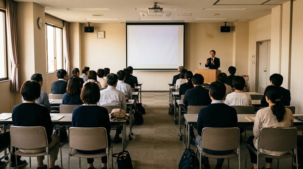 説明会の会場で話を聞く生徒と保護者たち