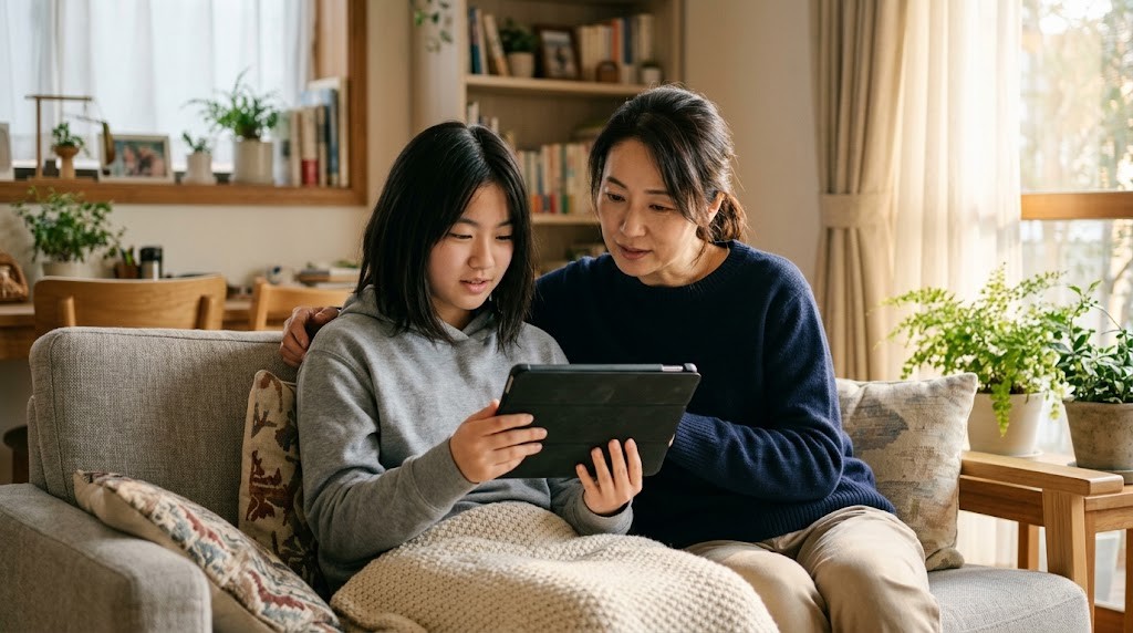ソファに並んで座った母親と中学生の娘が、娘の持つタブレットを一緒にのぞき込んで学校の情報を見ている様子