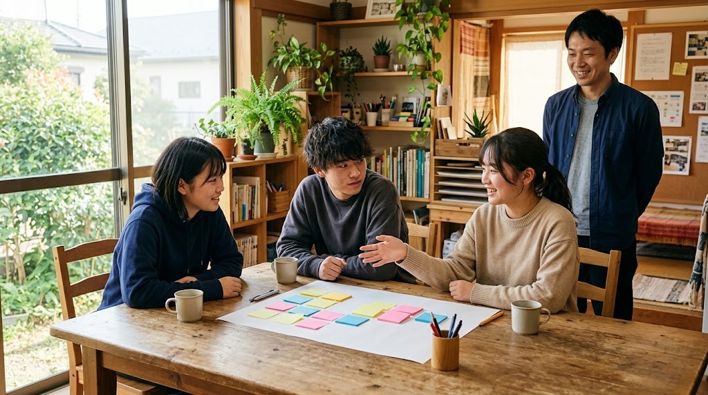 明るい学びの部屋で、3人の高校生が大きな木の机を囲み、付せんを使ってプロジェクトの話し合いをしている。そばでスタッフがほほえみながら見守っている