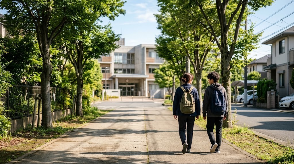 晴れた朝、高校生くらいの子どもと保護者が並んで並木道を歩き、学校の建物へ向かっている後ろ姿