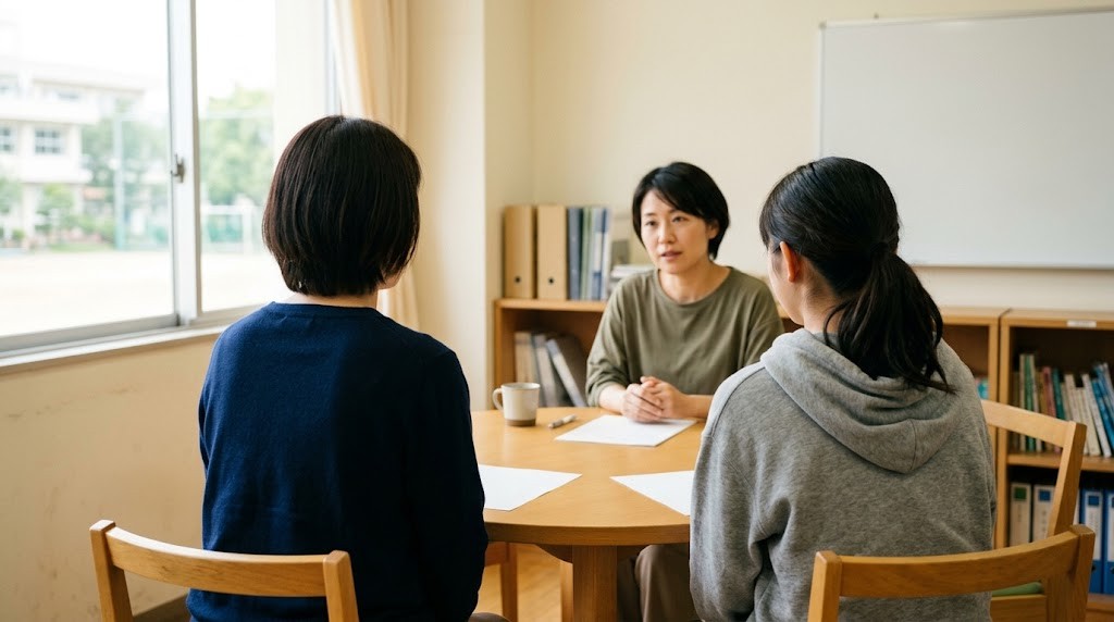 相談室の丸テーブルで、保護者と高校生くらいの子どもが並んで座り、向かいのスタッフに話をしている後ろからの様子