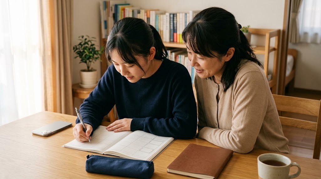 自宅の机で、高校生年代の生徒と保護者が並んで手帳を見ながら、学校の予定とアルバイトのシフトを一緒に考えている様子