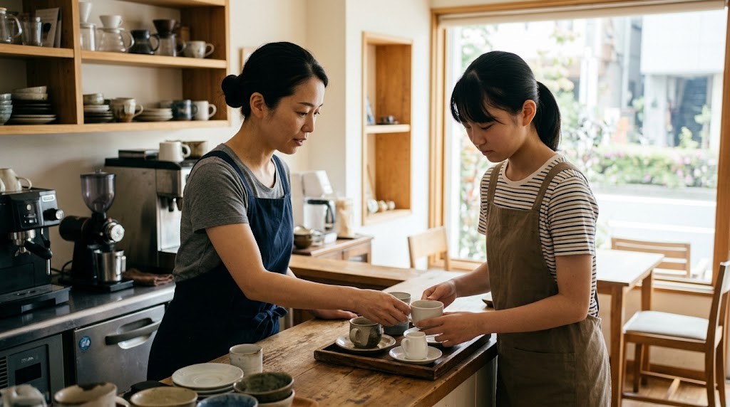 明るい昼間のカフェのカウンターで、無地のエプロンを着た高校生年代のアルバイトが、隣の年上の同僚に教わりながらトレーにカップを並べている様子