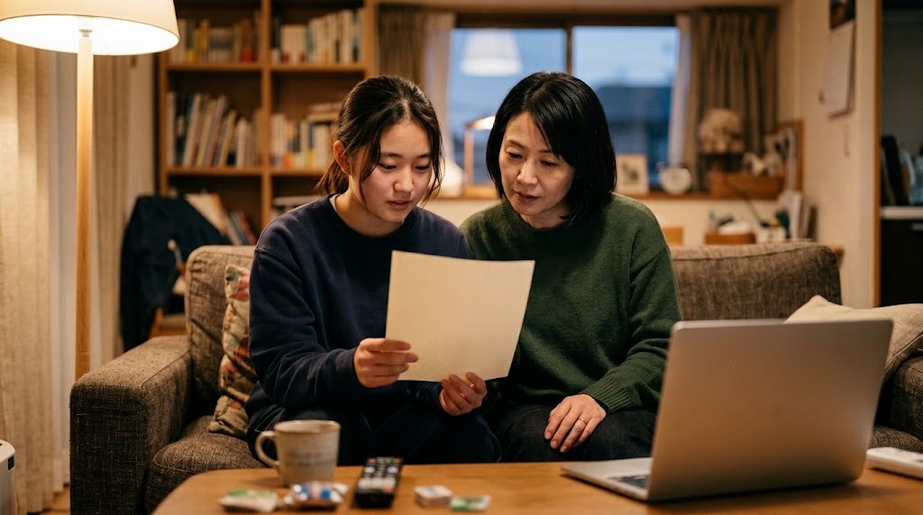 夕方の自宅のソファで、高校生年代の生徒と保護者が並んで座り、アルバイト先から受け取った書面を一緒に確かめている様子