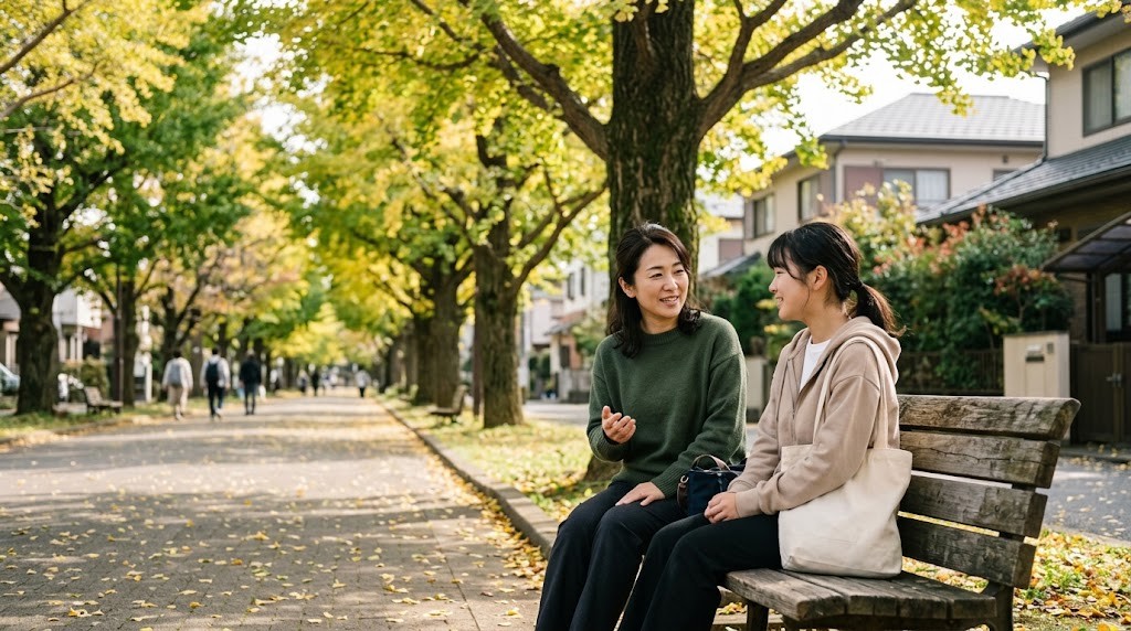 いちょう並木の歩道のベンチで、母親と高校生の娘が話している