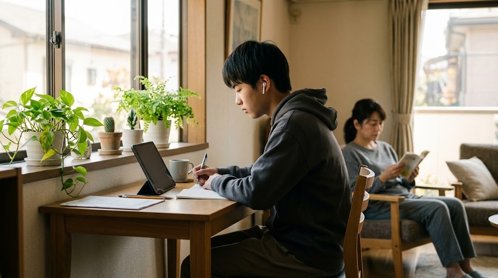 自宅の窓辺の机でタブレットを使ってオンライン授業を受ける男子高校生と、奥で本を読む保護者