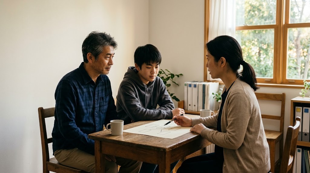 相談室のテーブルで、父親と高校生の息子がスタッフの説明を聞いている