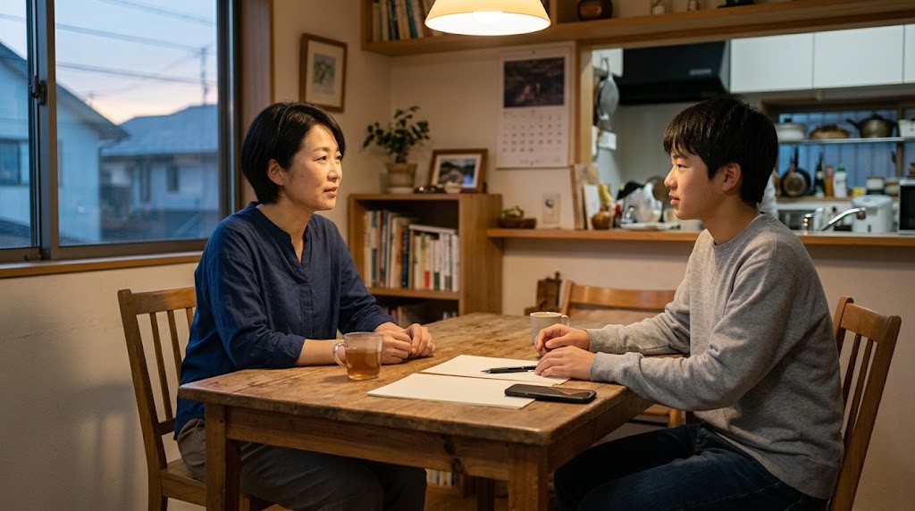 夕方の食卓で、母親と高校生の息子が向かい合って落ち着いて話している様子