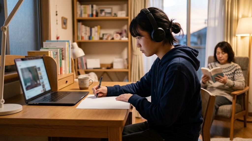 放課後、自室の机でヘッドホンをつけてオンラインの学びに参加しながらメモを取る高校生と、後ろで本を読む母親