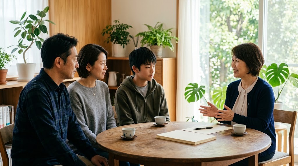 相談室の丸いテーブルで、両親と高校生の息子がスタッフの説明を聞いている様子