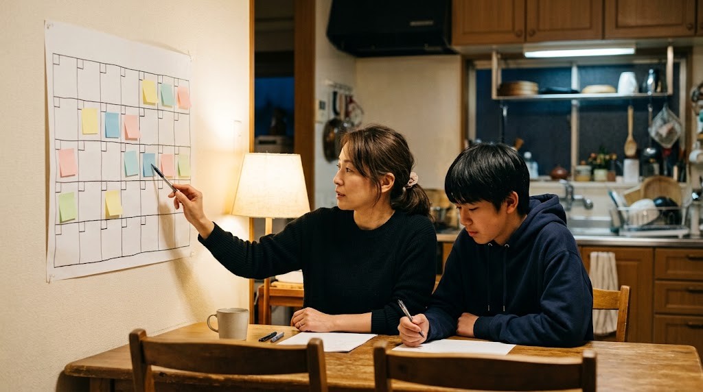 ホワイトボードの前で、先生に教わりながら学ぶ高校生