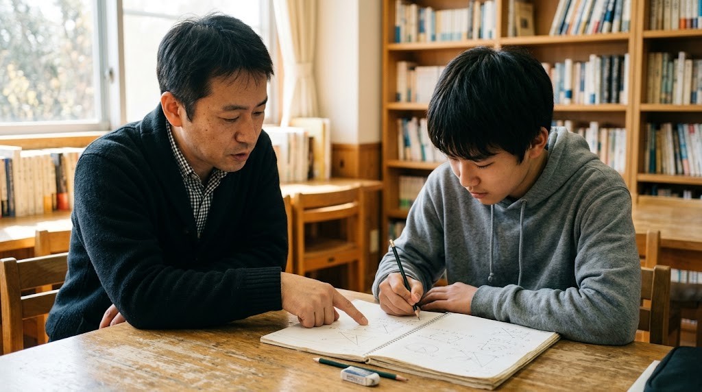 明るい自習室で、高校生年代の生徒と先生が机に並んで座り、ノートを見ながら1対1で学習を進めている様子