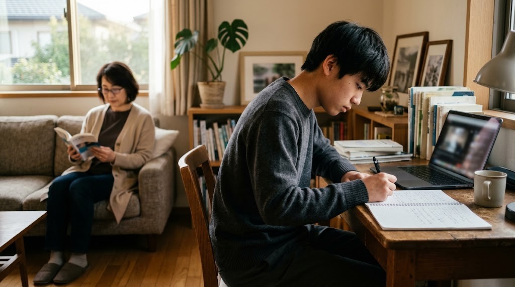 自宅の机でノートパソコンに向かい、オンラインの授業を受けながらメモを取る高校生年代の生徒。後ろのソファでは保護者が本を読んでいる