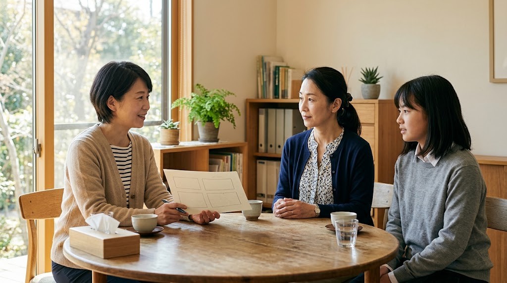 明るい相談室の丸テーブルで、保護者と高校生年代の生徒が並んで座り、担当者の説明を聞いている個別相談の様子