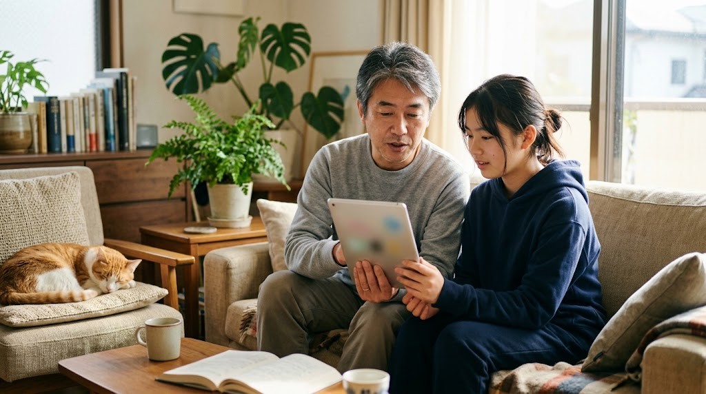 リビングのソファで、父親と高校生の娘が並んでタブレットを見ながら話している様子