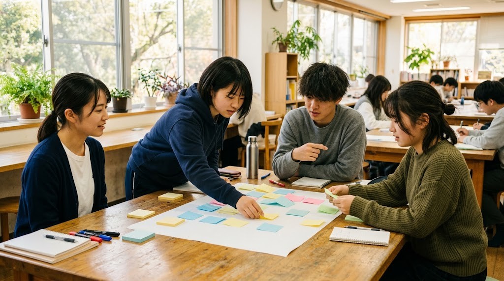 明るい学習スペースの大きな机で、高校生たちが付せんを並べながらプロジェクトの話し合いをしている様子
