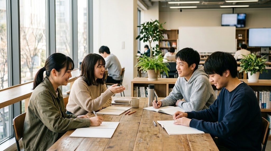 明るい学習スペースの大きな机で、私服の高校生年代の4人が並んでノートを広げ、話しながら勉強している平日の朝の様子