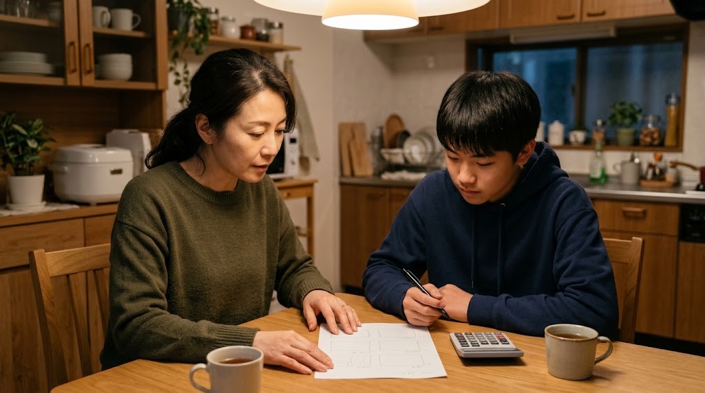 夕方の自宅のダイニングテーブルで、母親と高校生年代の子どもが並んで座り、電卓と手描きの枠だけの紙を見ながら費用について話し合っている様子