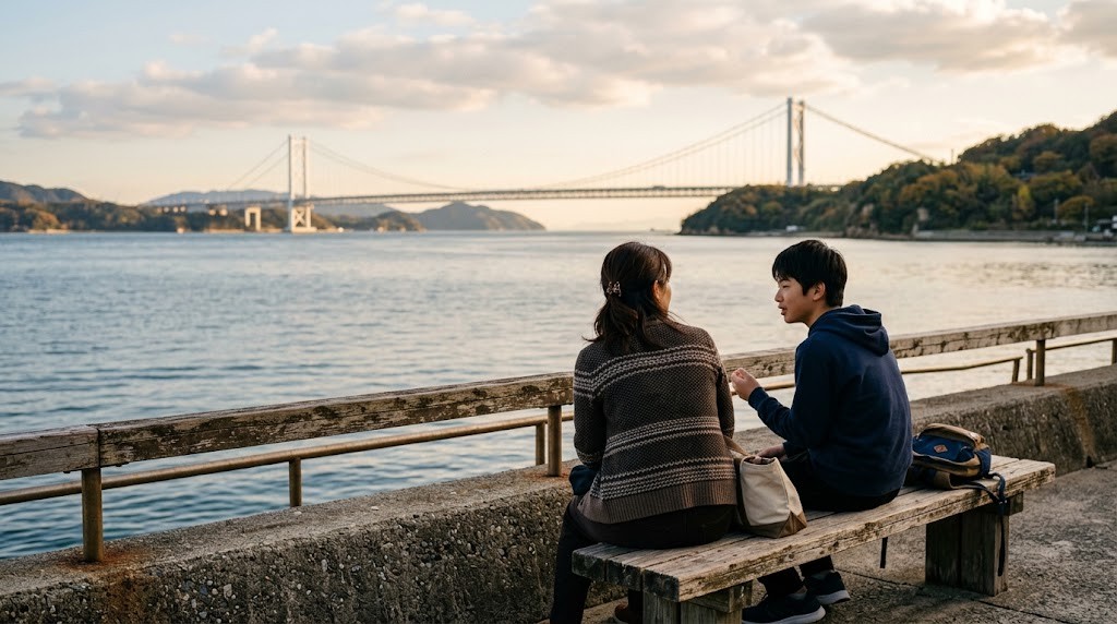 海峡と大きな吊り橋が見える海辺のベンチで、母親と高校生の息子が話している後ろ姿
