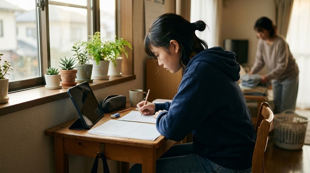 窓ぎわの机でプリントに書き込む高校生と、奥で洗濯物をたたむ母親