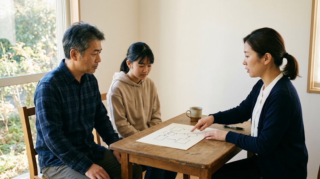 相談室のテーブルで、父親と娘が職員の説明を聞いている。職員は手書きの図を指している