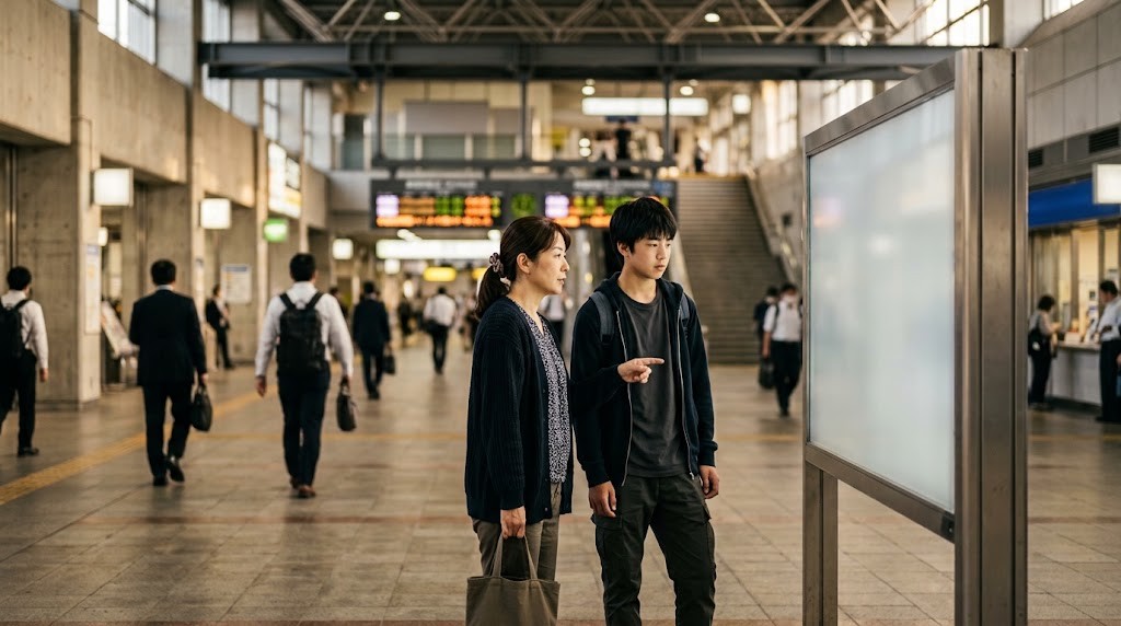 通勤客の多い駅のコンコースで、母親と高校生の息子が並んで案内板を見ている