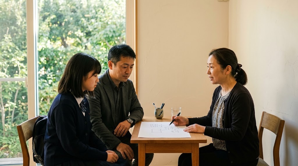 相談室で、父親と高校生の娘がスタッフの説明を聞いている
