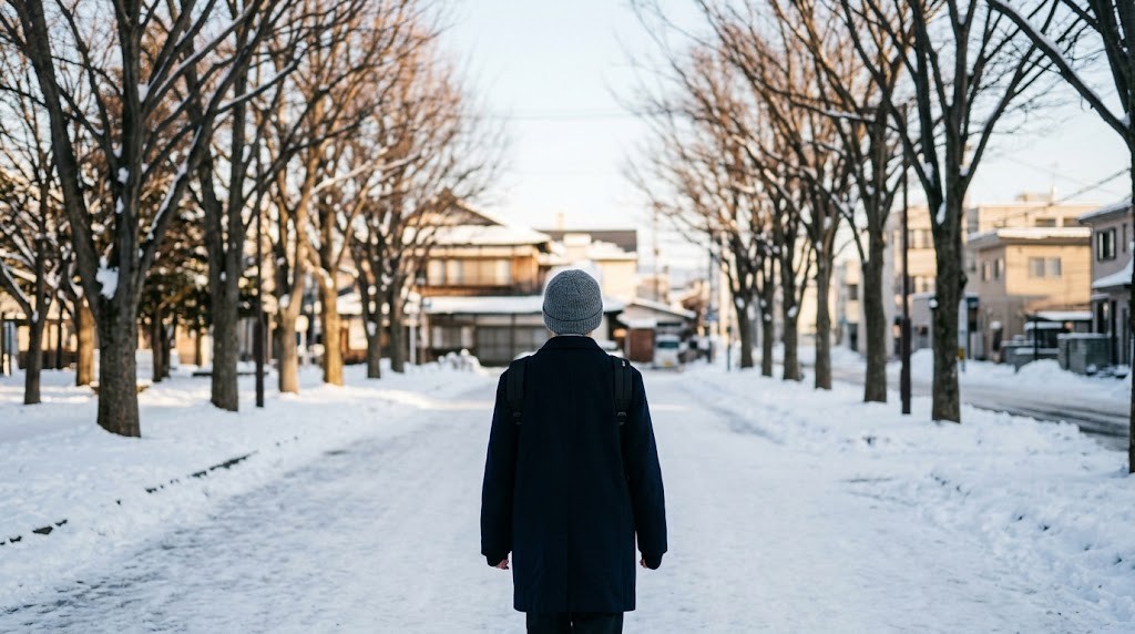 雪の積もった並木道を、冬のコートとニット帽の高校生が歩いていく後ろ姿