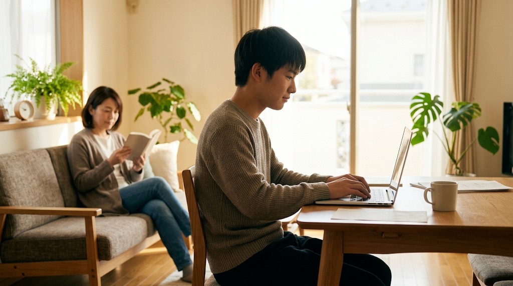 リビングでパソコンに短い文を打つ高校生と、ソファで本を読む保護者