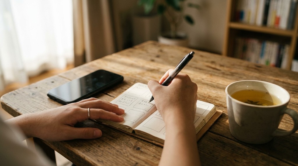 ノートに短い文を書き出している手元。そばにお茶とスマートフォン