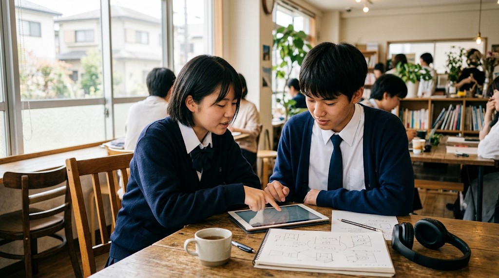 明るい部屋で、タブレットを一緒に見ながら話す2人の高校生