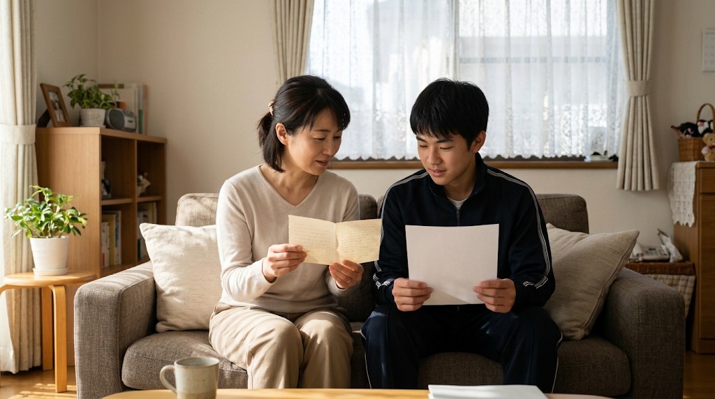 ソファに並んで座り、手紙と紙を一緒に見ている保護者と高校生