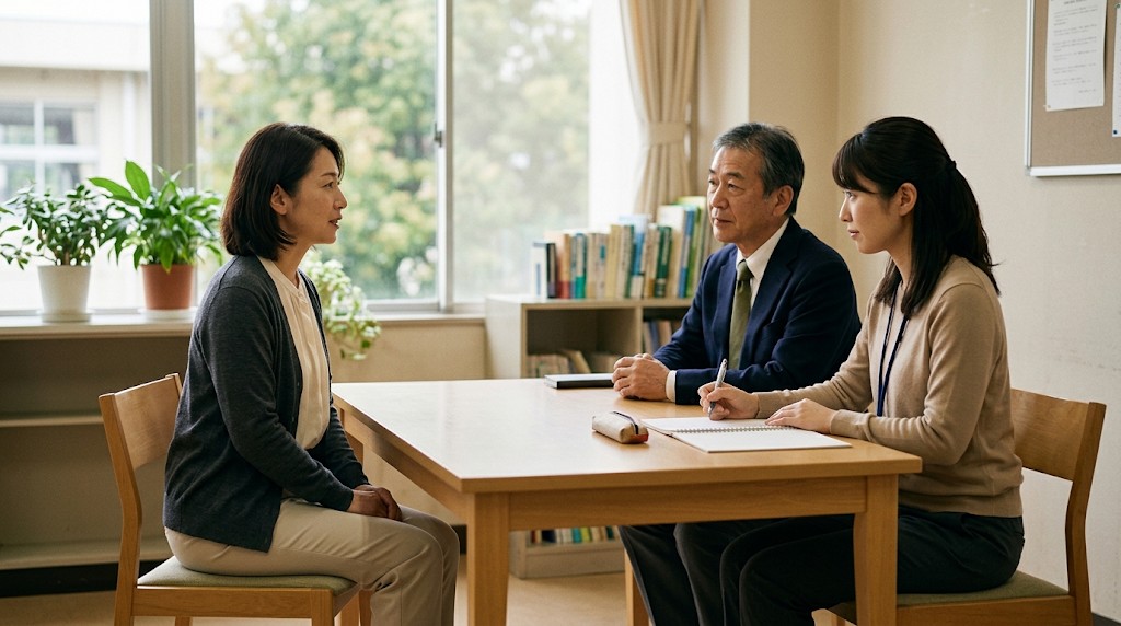 学校の相談室で、保護者が2人の先生と落ち着いて話している場面