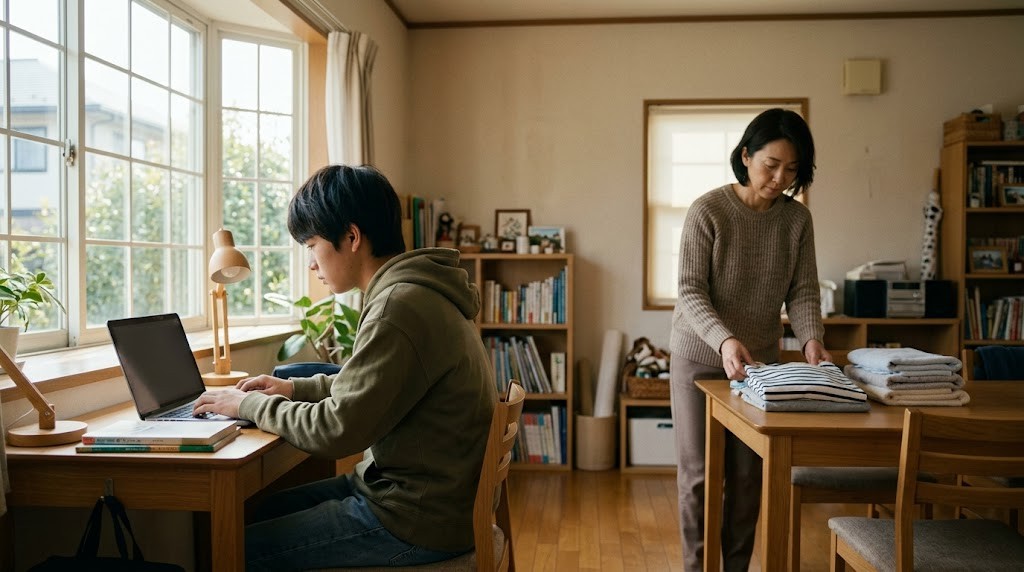 自宅でパソコンに向かう高校生と、そばで洗濯物をたたむ保護者