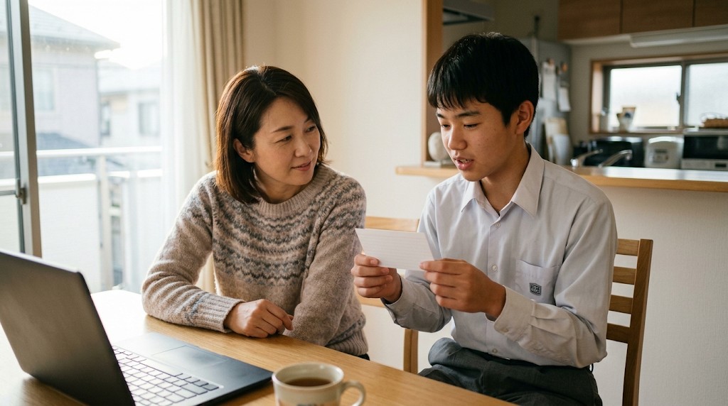 食卓で面接の答えを練習する高校生と、そばで聞く保護者