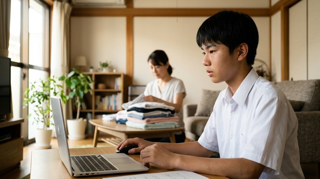 自宅でオンライン面接を受ける高校生。後ろで家族が洗濯物をたたんでいる