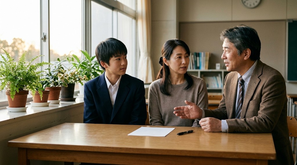学校の面談室で、生徒と保護者が先生と話している場面