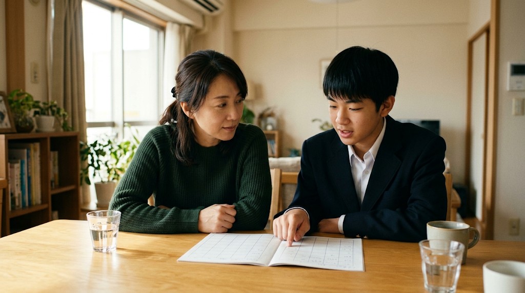 自宅の食卓で、母親と中学生の息子が学校の資料を見ながら進路について話している様子