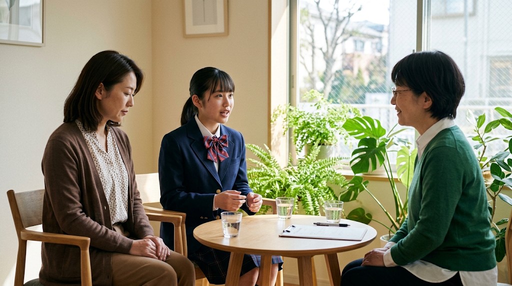 学校の相談室で、母親と中学生の娘が学校の職員と向かい合って進路の相談をしている様子