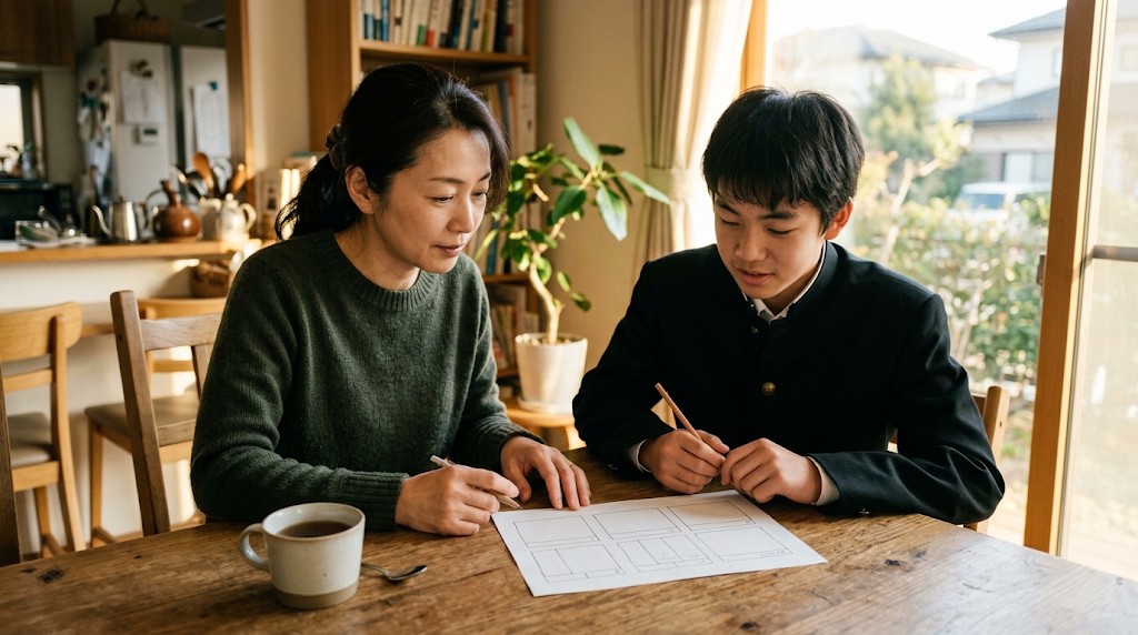 食卓で学校の書類を一緒に確かめる保護者と高校生